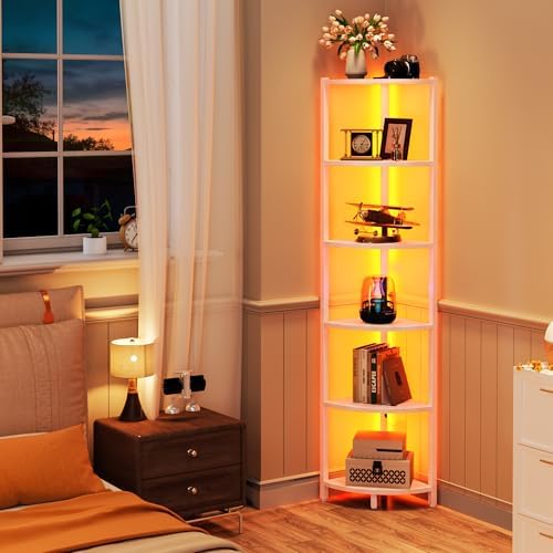 Corner Shelf with LED Lights, 6-Tier Corner Bookshelf, 66'' Organizer Book Shelf Shelves Steel Frame Display Stand with 