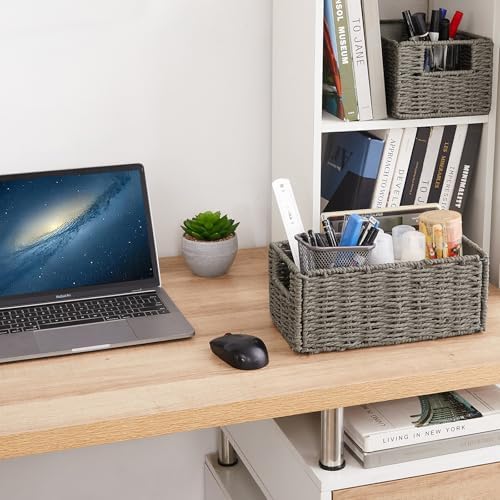 Vagusicc Wicker Storage Basket, Set of 2 Hand-Woven Paper Rope Wicker Basket, Small Storage Baskets for Organizing Toile