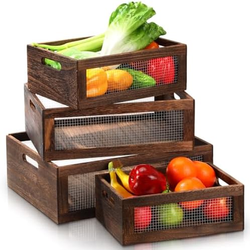 FillTouch 4 Pcs Wooden Nesting Countertop Baskets, Dark Brown, Large