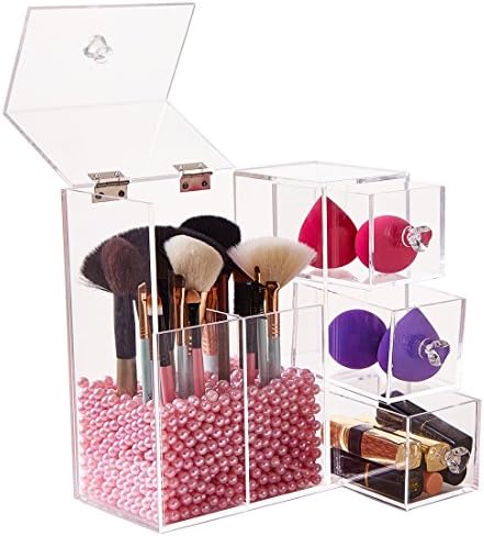 Clear Acrylic Covered Makeup Brush Holder with Dustproof Lid, 3 Drawers, Pearls Beads for Cosmetics Brushes Storage (Pin