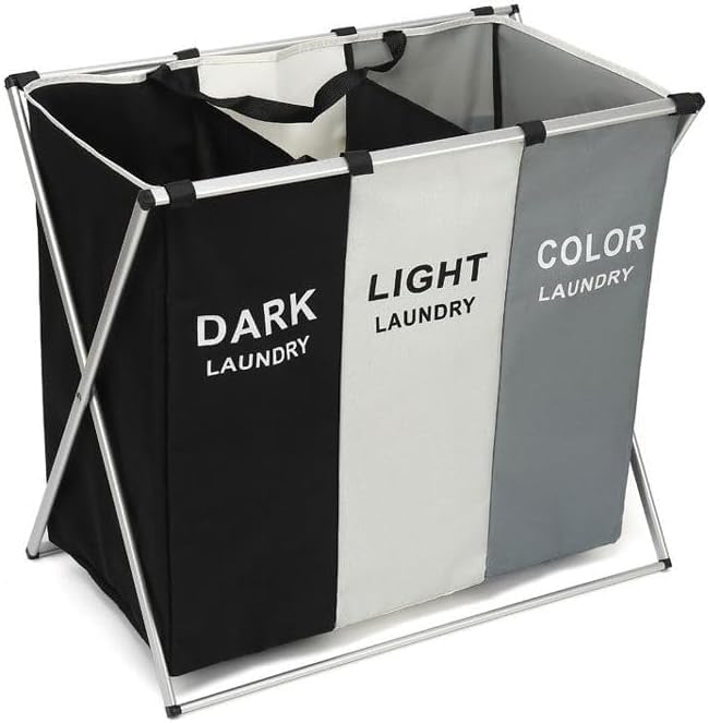 TEEM 3-Section Laundry Basket Organizer, Foldable Hamper with Dividers, 150L Large Capacity, Waterproof 600D Oxford Fabric, Freestanding Lightweight Clothes Sorter Bedroom, Dorm, Bathroom (24x15x26in)