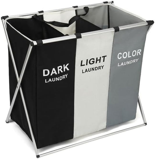 TEEM 3-Section Laundry Basket Organizer, Foldable Hamper with Dividers, 150L Large Capacity, Waterproof 600D Oxford Fabric, Freestanding Lightweight Clothes Sorter Bedroom, Dorm, Bathroom (24x15x26in)