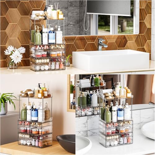 3 Pack Bathroom Organizers and Storage Countertop With 7 Drawers,Stackable Vanity Top Organizer,18.9" Tall Large Capacit