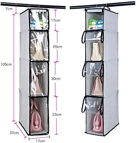 4 Tier Handbag Purse Organizer with Dustproof Cover, Foldable Hanging Closet Wardrobe Storage Shelves Closet Storage System for Living Room Bedroom Home Use, Grey