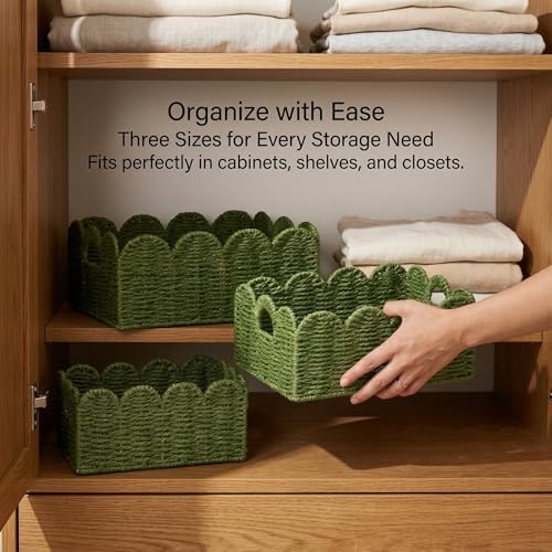 Scalloped Wicker Basket Set of 3, Hand-Woven Storage with Handles