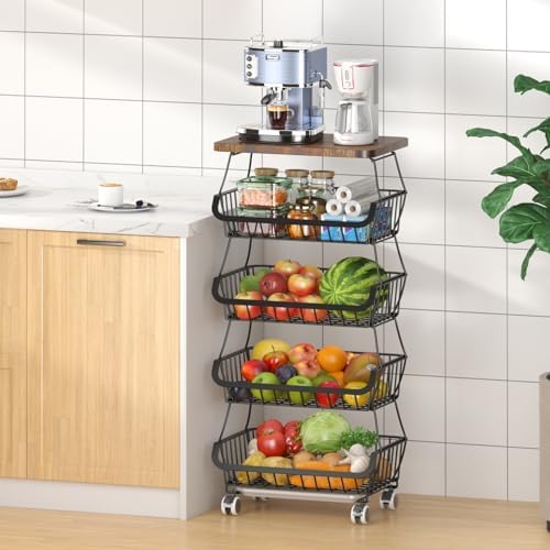 CHLORYARD Fruit Basket with Wooden Lid for Kitchen, 5-Tier Stackable Wire Fruit Vegetable Storage Basket Organizer Stand