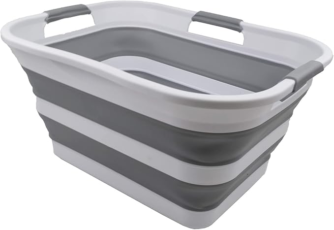SAMMART 30L(8 gallon) Collapsible Plastic Laundry Basket - Foldable Pop Up Storage Container/Organizer - Space Saving Hamper/Basket - Water Capacity 24L(6.3 gallon) (1, White/Grey/White)