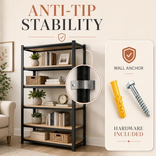 Metal Bookshelf 5 Tier Wood Shelves Steel Bookcase With Guard Rails