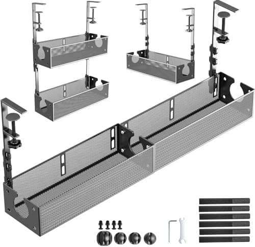 Multi-Model Under Desk Cable Management 2 Pack Metal Under Desk Wire Management Tray Clamp Mount Under Table Cord Manage