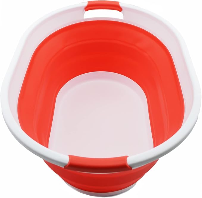 SAMMART 28L (7.4 gallon) Collapsible Plastic Laundry Basket-Oval Tub/Basket - Portable Washing Tub-Space Saving Laundry Hamper, Water capacity: 22L (5.8 gallon) (1, White/Orange Red)