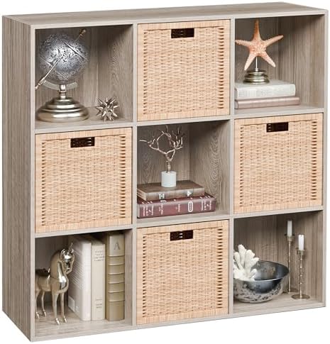 JupiterForce 9 Cubes Bookcases Storage Organizer, 3-Tier Wooden Open Bookshelf Cabinets with Removable Back Panels for H