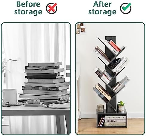 Yoobure Tree Bookshelf - 6 Shelf Retro Floor Standing Bookcase, Tall Wood Book Storage Rack for CDs/Movies, Utility Book