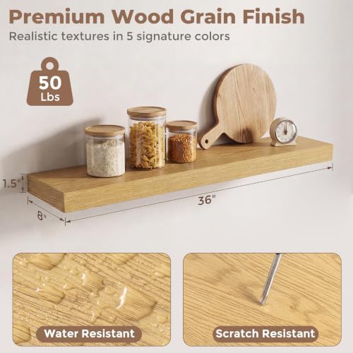 8 inch Deep Floating Shelves for Wall, 36" Wide, Oak Finish, 2-Pack