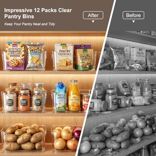 Hudgan 12 Pack Pantry Storage Bins for Kitchen Cabinet, Clear Plastic Organizer Bins for Bathroom, Pantry Organizer Cont