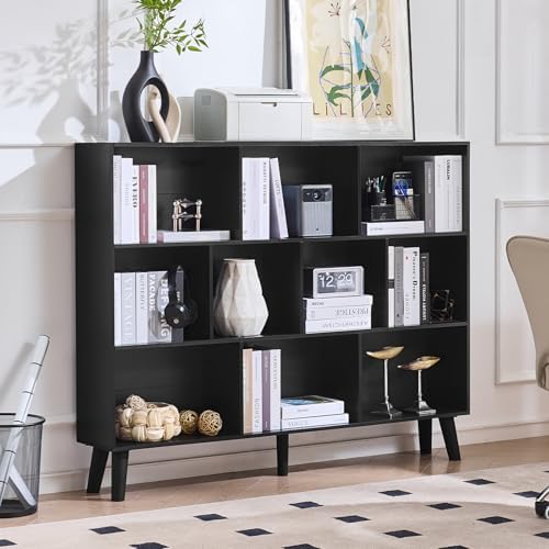 LEYAOYAO 10 Cube Bookshelf, Mid-Century Modern Book Shelf with Legs, Black