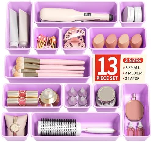 Canfanni 13 Pack Plastic Drawer Organizers Set, 3 Sizes Desk Drawer Organizer Trays for Vanity and Makeup Organizer, Organization and Storage for Makeup, Kitchen Utensils, Bathroom and Office(Purple)