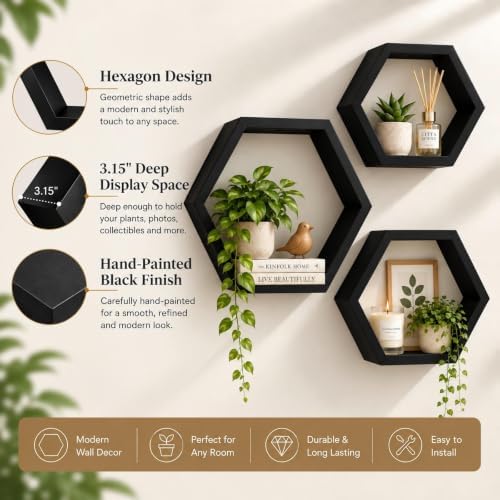 AHDECOR Wall Mounted Hexagon Floating Shelves, Wooden Wall Organizer Hanging Shelf for Home Decor, Set of 3, Black