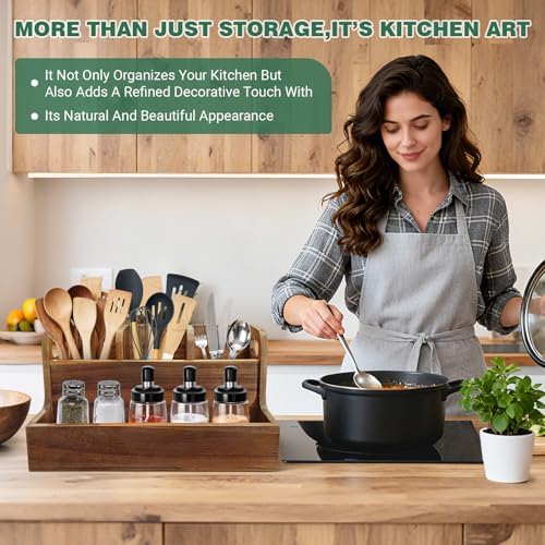 Kitchen Utensil Holder for Countertop with 4 Compartments Acacia Large Utensil Holder Wooden Storage for Cooking,Baking,