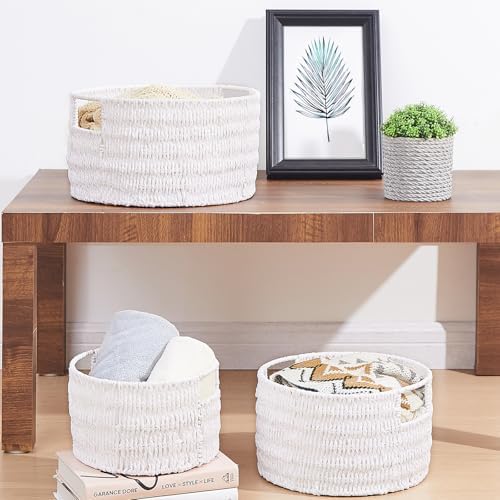 Vagusicc Wicker Storage Basket, Hand-Woven Paper Rope Large Round Woven Basket With Handles, Wicker Baskets for Organizing/Storage, White, 3-Pack