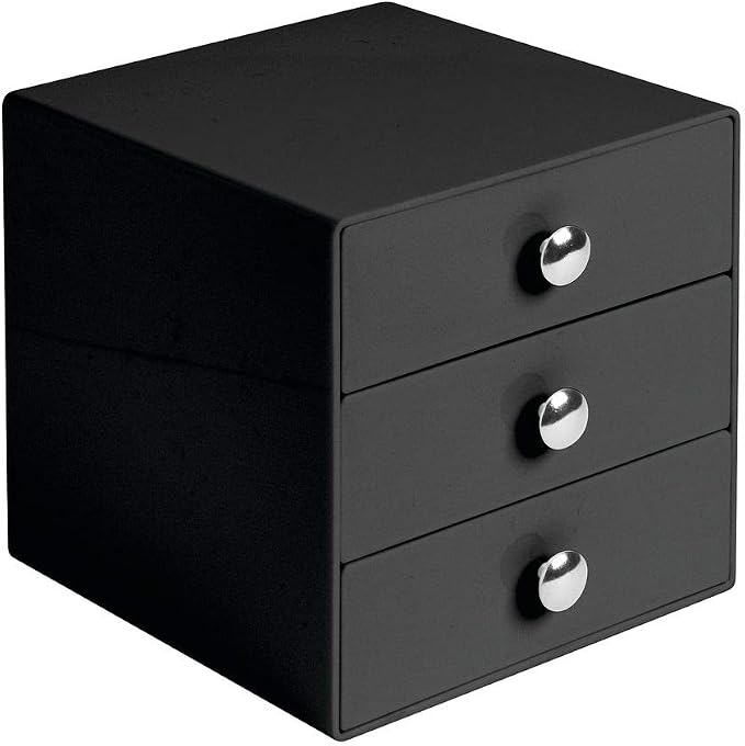 iDesign 35360 3-Drawer Plastic Vanity Organizer, Compact Storage Organization Set for Cosmetics, Dental Supplies, Hair Care, Bathroom, Dorm, Desk, Countertop, Office, 6.5" x 6.5" x 6.5", Black | BPA-Free Plastic
