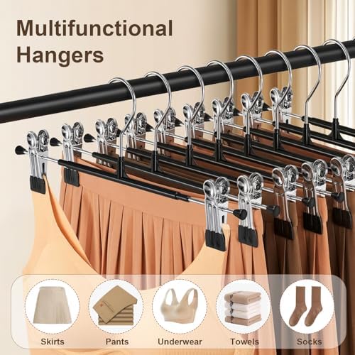 POZEAN Pants Hangers with Clips for Women 20 Pack, 12Inch Adjustable Heavy Duty Skirt Hangers, Space Saving Non-Slip Shorts Jeans Trousers Clothes Hangers, Black