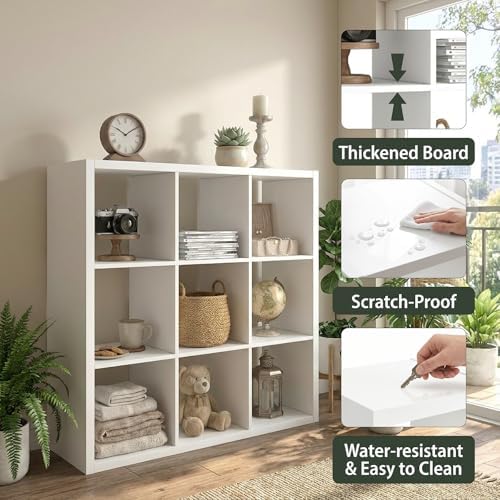 WannabeMyself【2026 Wooden Thick Frame】 9 Cube Storage Organizer with Anti-Tipping Kits, Reversible Open Back Book Shelf,