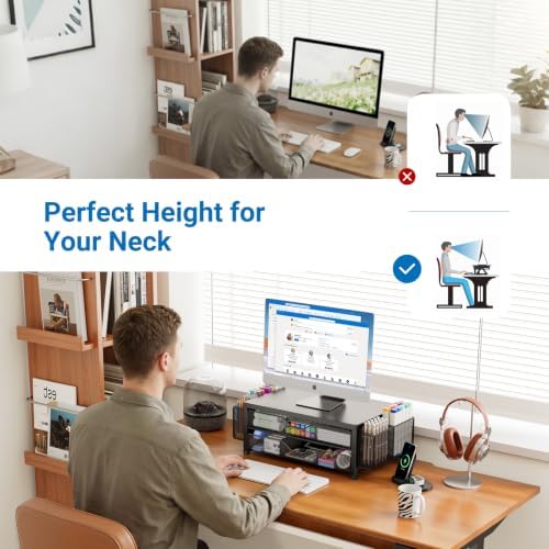 OPNICE Desk Organizer and Accessories, 2-Tier Computer Monitor Stand Riser with Drawer and 2 Pen Holders, Laptop Stand, 