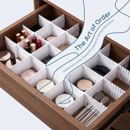 20 PCS Drawer Divider with 25 Accessories, Adjustable Drawer Organizer Inserts, 12.6" x 2.76" x 0.08" White Drawer Plast