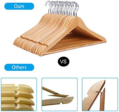 Non-Slip Wooden Hangers 20 Pack with Pant Bar, Natural Wood Suit Hangers for Shirts, Dresses, Pants & Jackets | Bulk Closet Hangers