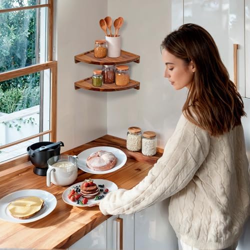 Demigo Round Floating Corner Shelves, Natural Acacia Wall Shelf, Set of 2