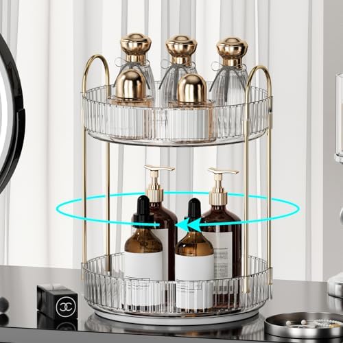 360° Rotating Makeup Organizer for Vanity - 2 Tier Perfume Organizer with Large Capacity - Skincare Organizer for Bathro