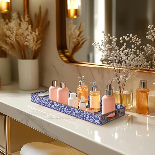 MAONAME Blue Bathroom Vanity Tray, Plastic Decorative Trays with Handles