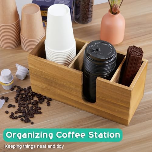 ALELION Large Acacia Wood Coffee Cup Organizer for Disposable Cups, Lids and Stir Sticks - 3-Compartment Countertop Cup 