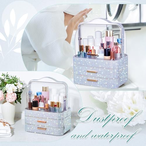 Honeydak Rhinestone Makeup Organizer with 2 Drawers Lid, Silver, Rhinestone