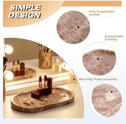 Light Emperador Marble Vanity Tray for Bathroom Counter, 10"x5" Decorative Tray for Perfume, Candles, Stone Jewelry Dish