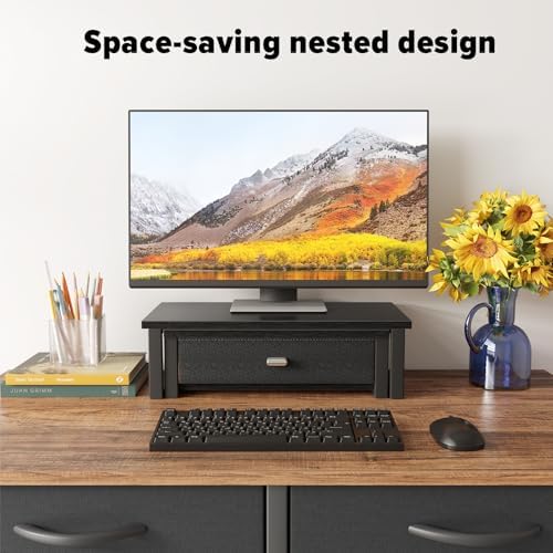 WOHOMO Dual Monitor Stand Riser with Drawers, Wood Desk Organizers for 2 Monitors, Desktop Storage Stand for Computer, L