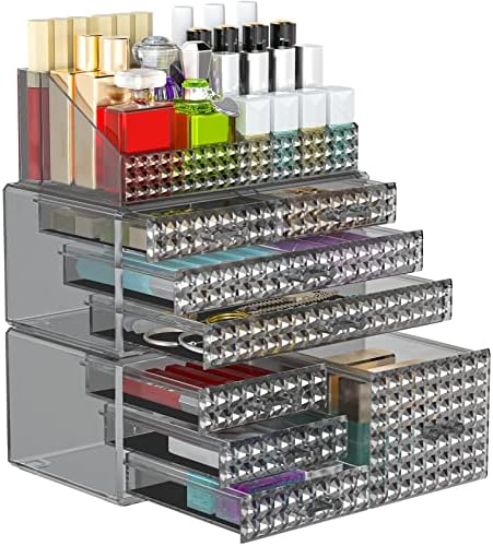 3 Pack Makeup Organizer Stackable[Upgraded], Acrylic Cosmetics Storage Cases with 8 Drawers Perfume Organizers For Brush