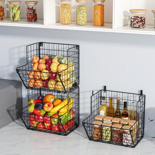 X-cosrack Metal Wire Basket Wall Mount, 3 Tier Wall Storage Organizer with 5 S Hooks, Kitchen Fruits and Vegetables Bin 