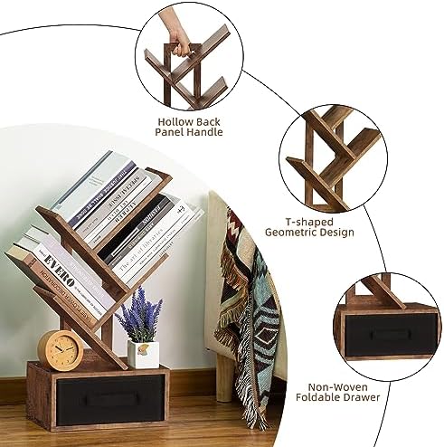 SHEEPAM 4-Tier Tree Bookshelf Small Bookcase with Drawer