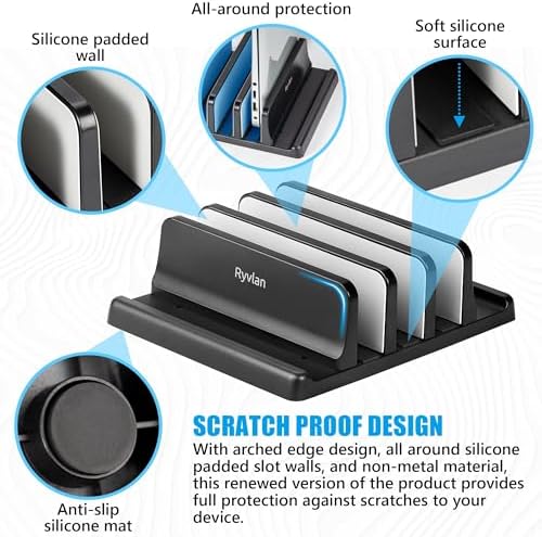 Ryvlan Vertical Laptop Stand, 3 Slot Adjustable Laptop Storage Rack and Desk Organizer, Silicone-Padded Holder for Multi