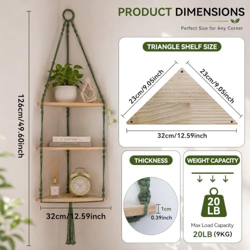 Artilady Corner Shelf Macrame Wall Hanging, Adjust Boho Storage Art, 3 Tier