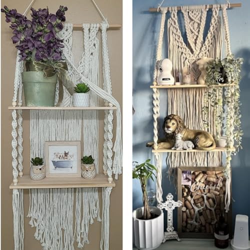 Mong Macrame Wall Hanging Shelf - Boho Hanging Shelves for Wall - Decorative Bohemian Floating Plants Room Storage Shelv