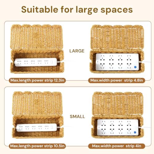 2Pcs Scalloped Edge Cable Management Box, Handmade Rattan Cord Organizer