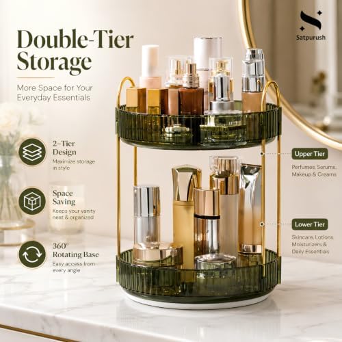 360° Rotating Makeup Organizer, 2 Tier Spinning Cosmetic Organizer for Vanity & Bathroom Countertop, Holds Tall Skincare