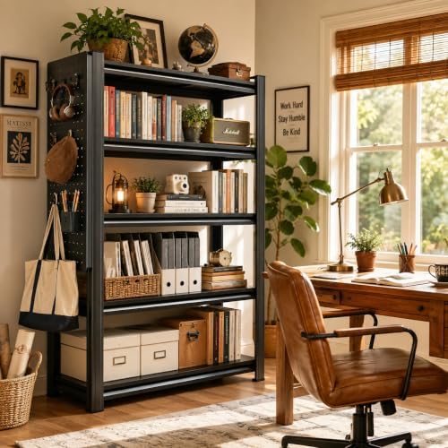 PRESTELION Heavy Duty 5 Tier Metal Bookshelf with Pegboard and Hooks
