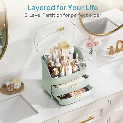 Vtopmart 3-Tier Skincare Makeup Organizer with Lid, Green