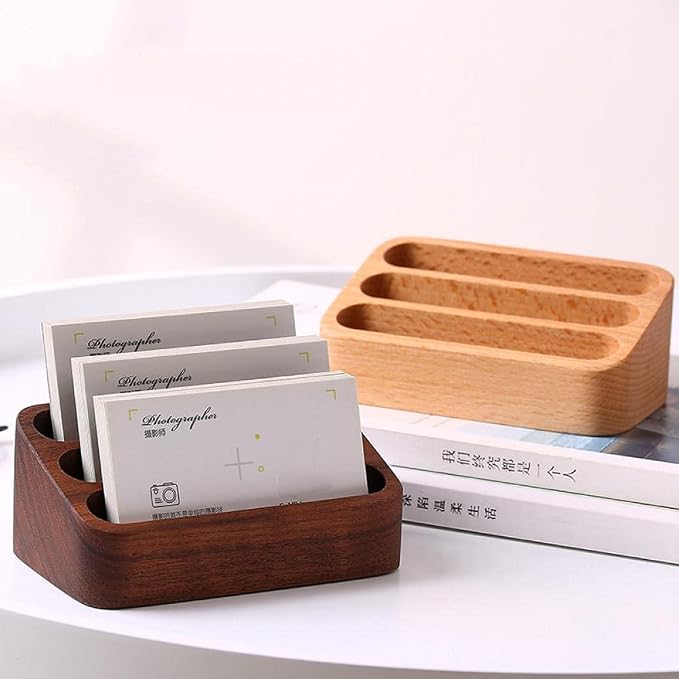 Sizikato Walnut Wood Business Card Holder for Desk, 3 Card Slots Business Card Display Holder Stand
