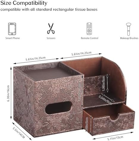 PU Leather Tissue Box Cover Square with Drawer Storage and Tray on Top