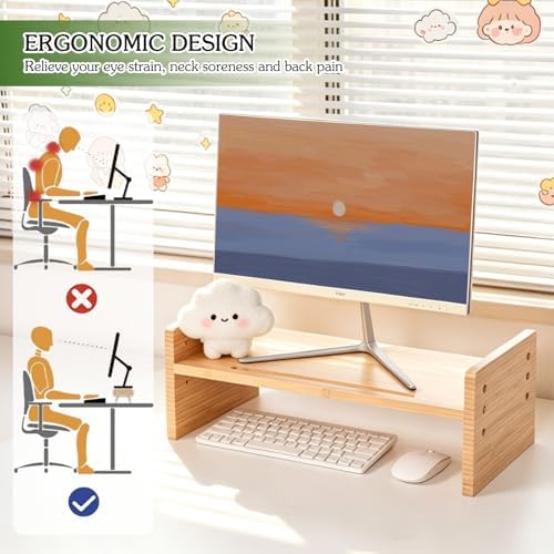 Bamboo Monitor Stand for Desk, 3-Level Adjustable Monitor Riser, Wooden Desktop Shelf Organizer, Portable and adjustable