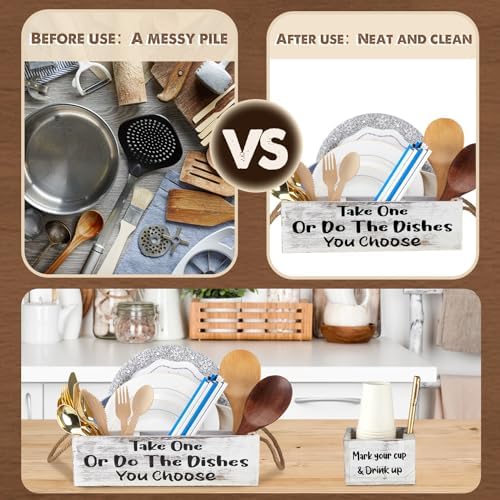 Suzile 2 Pcs Paper Plate Caddy Kitchen Utensil Holder, Wooden Organizer Set